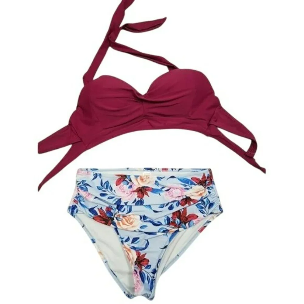 Floral High-Waisted Bikini Set With Burgundy‎ Bow-Tie Top Large NWOT